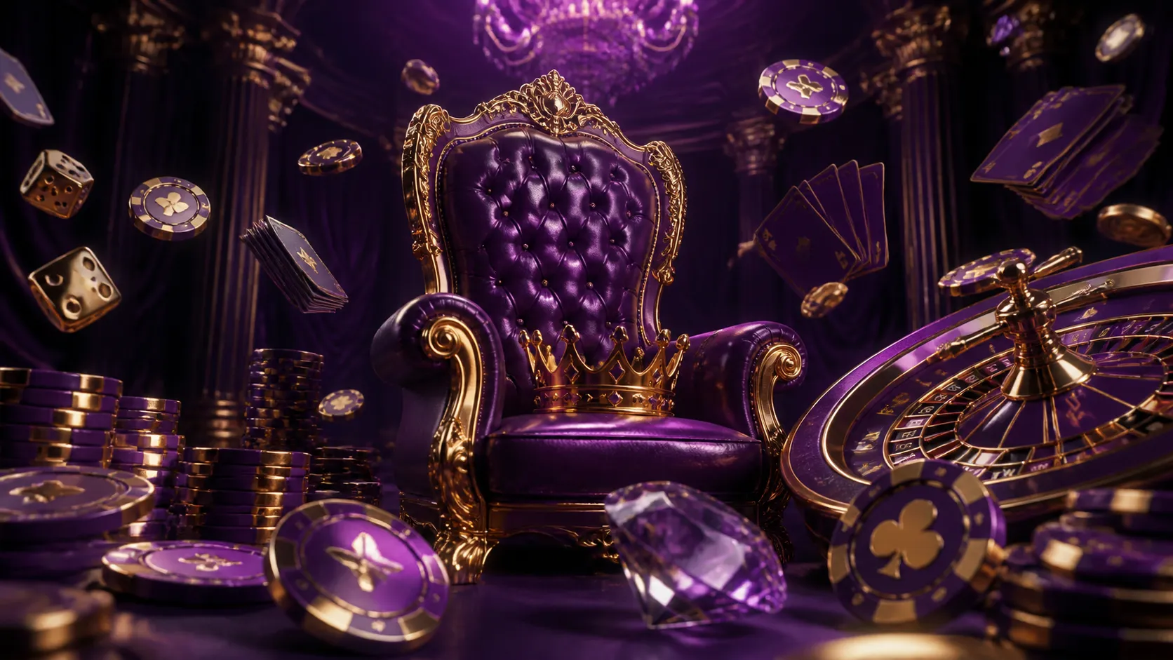 Luxurious casino scene with neon lights, roulette wheel, and poker chips floating in vibrant colors.
